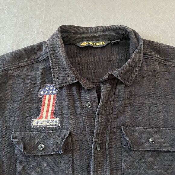 HARLEY DAVIDSON Plaid Button Front Shirt Flannel Patch American Flag - Picture 4 of 10